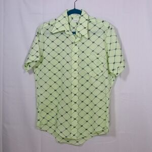 ENVOY Button Down Shirt Mens L Lime Green Vintage 70s Butterfly Print Disco
